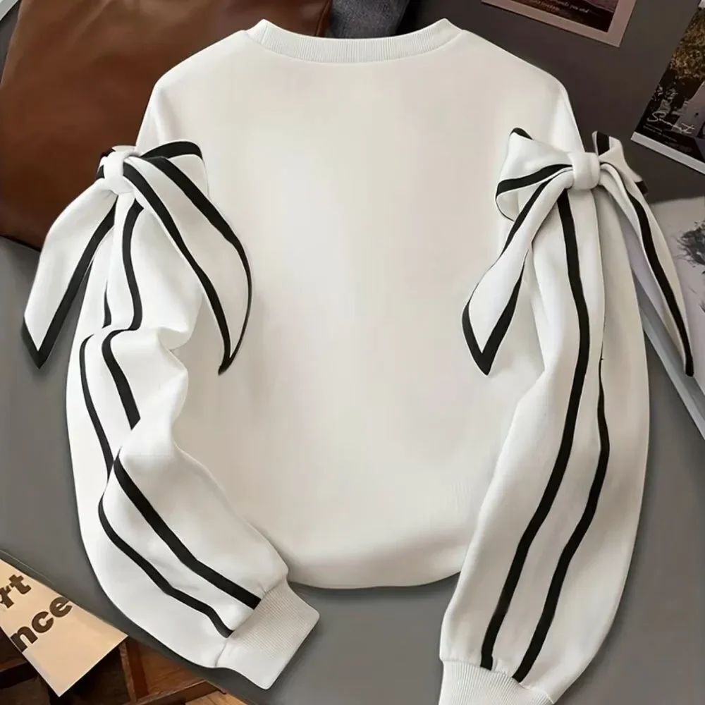 White Ribbon-Sleeve Women's Top with Black Stripe Detail